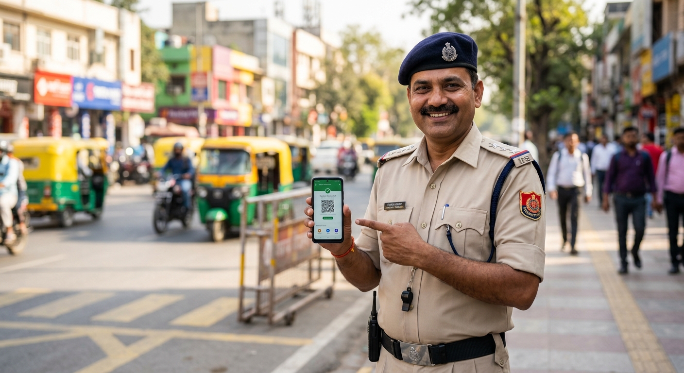 Traffic police helping a citizen pay digitally